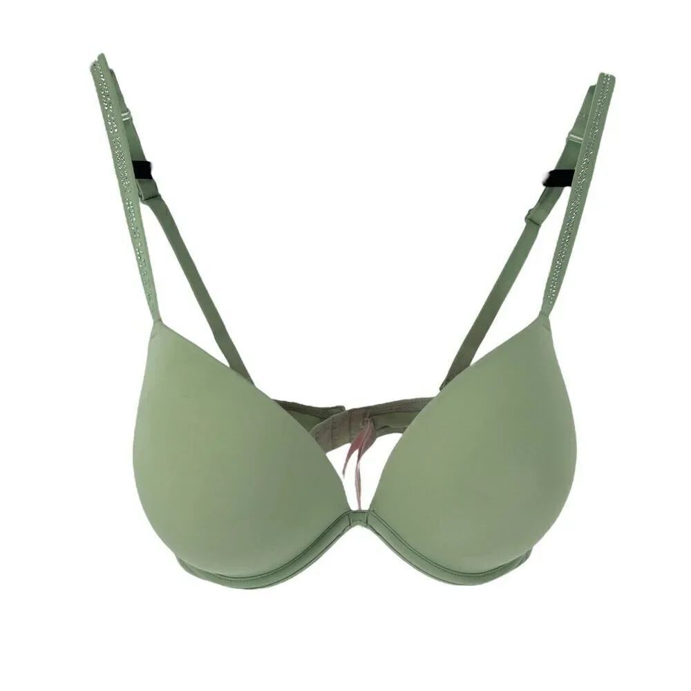 Victorias Secret PINK Wear Everywhere Super Push Up Bra 34DD Green Rhinestone